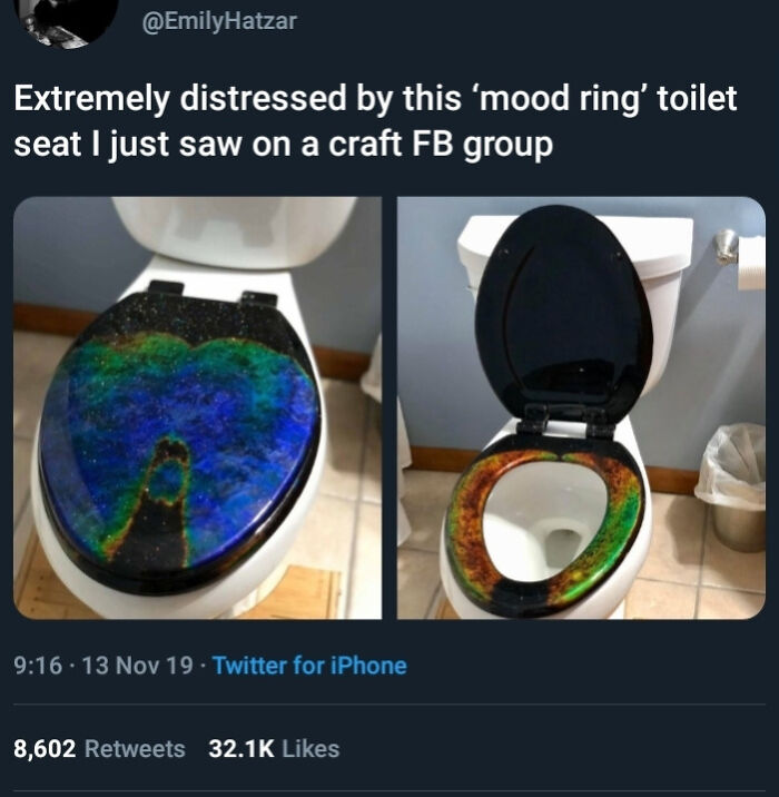 A mood ring toilet seat changing colors from body heat, illustrating weird DIY projects.