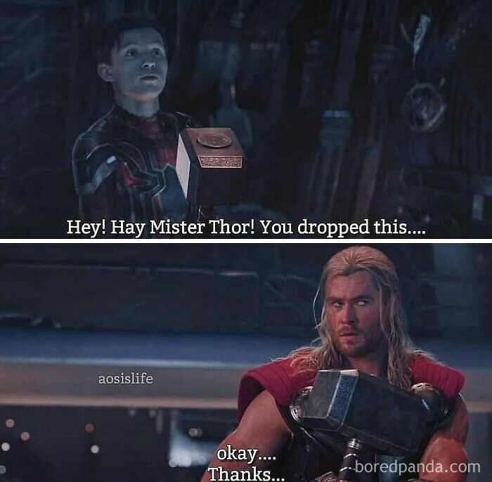A two-panel Thor and Spider-Man scene depicting cringe memes fandoms post on social media