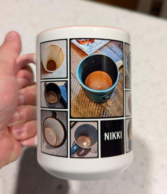 A custom printed mug featuring pictures of unfinished coffee mugs, depicting cute things wives do.