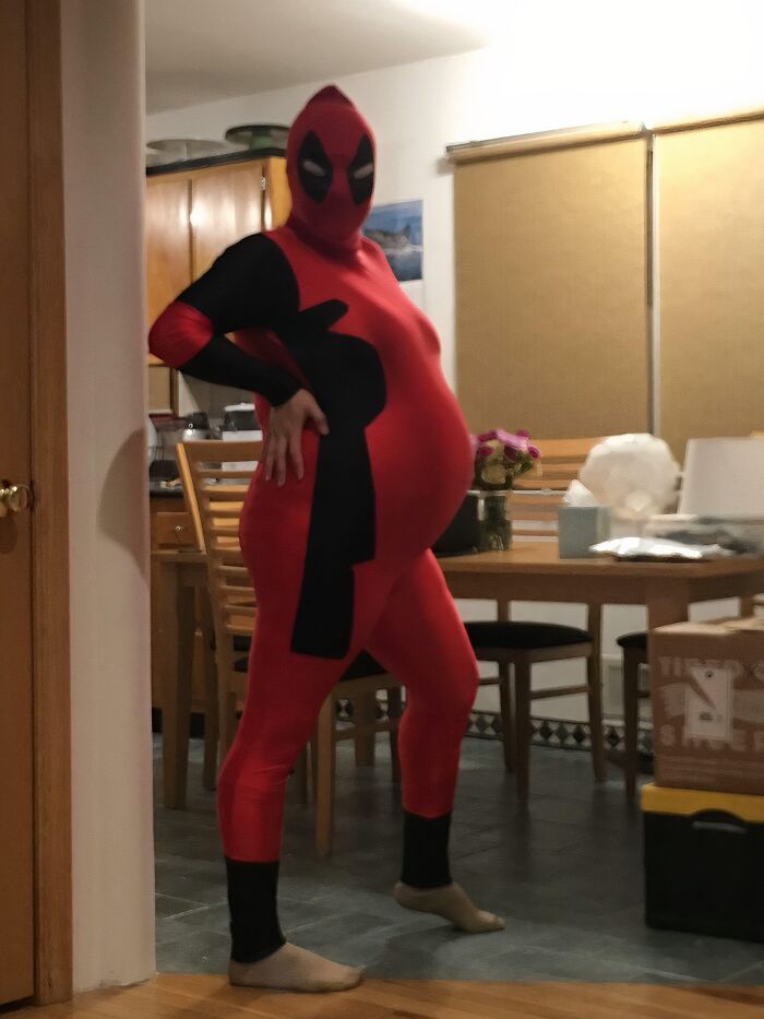 A pregnant wife wearing a Deadpool costume, a ridiculous thing husbands post
