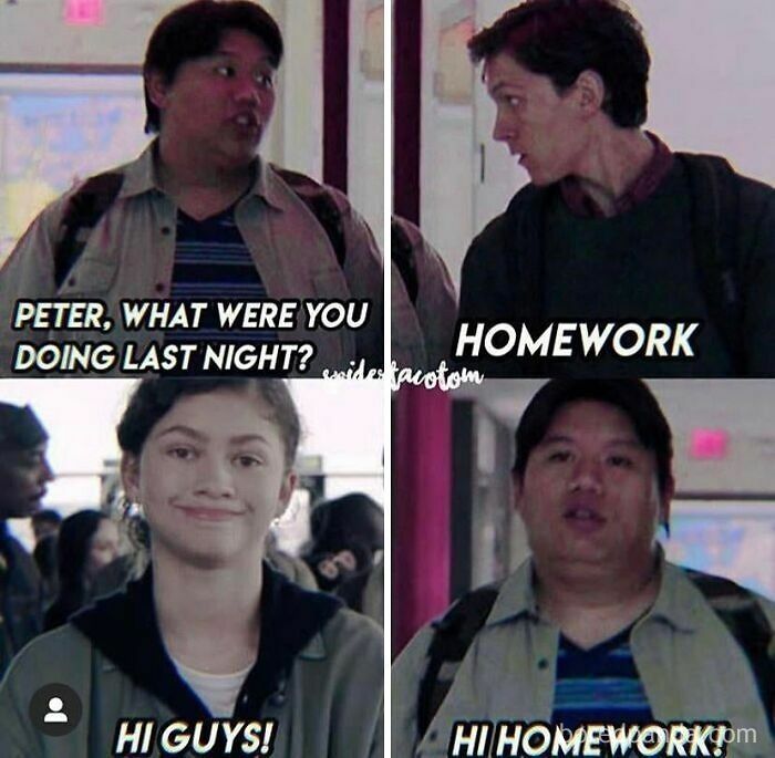 A cringe meme depicting a dialogue between Ned, Peter Parker, and MJ from Spider-Man.