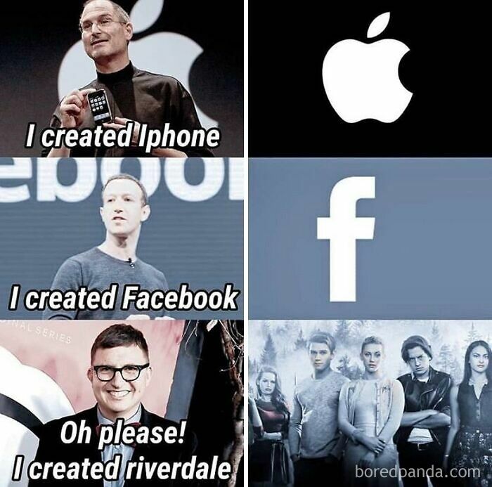 Cringe memes comparing Steve Jobs, Mark Zuckerberg, and the creator of Riverdale.