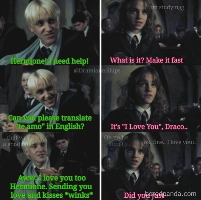 A cringe meme of Draco Malfoy flirting with Hermione Granger using awkward text overlays.
