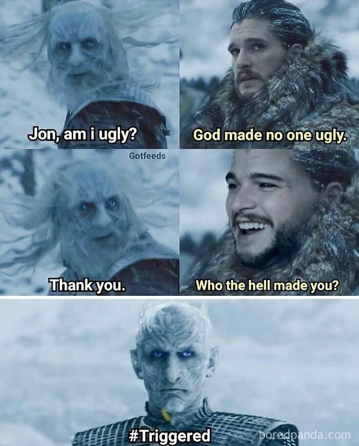 Game of Thrones cringe memes featuring Jon Snow and a White Walker.
