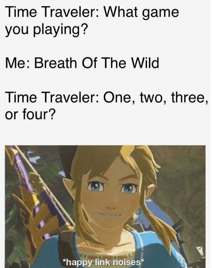 A Zelda Breath of the Wild meme showing Link smiling with happy link noises text