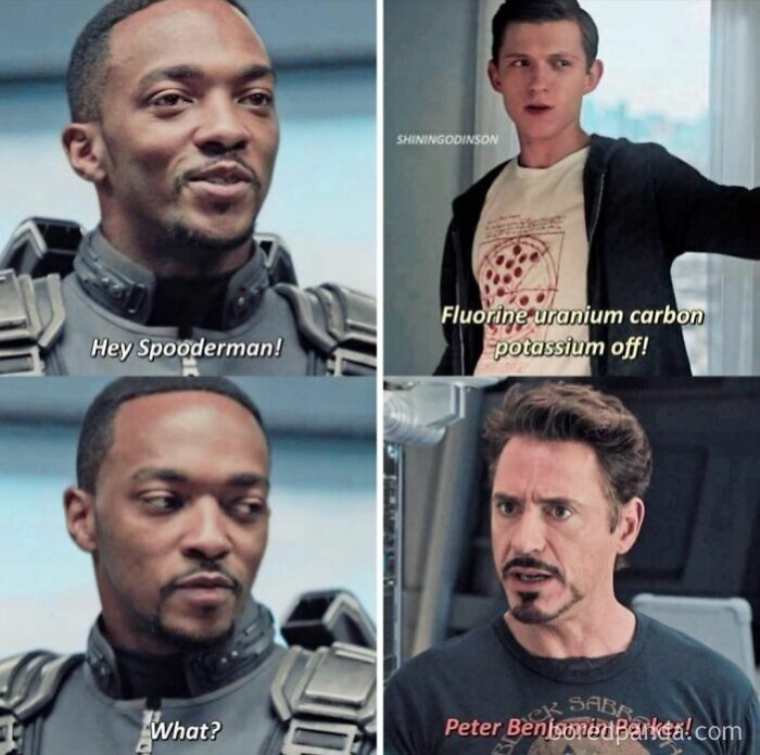 A four-panel cringe meme featuring Falcon, Spider-Man, and Iron Man with awkward dialogue.