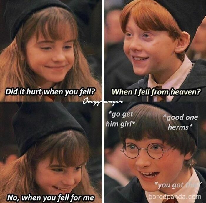 Hermione, Ron, and Harry in a cringey fandom meme about falling from heaven
