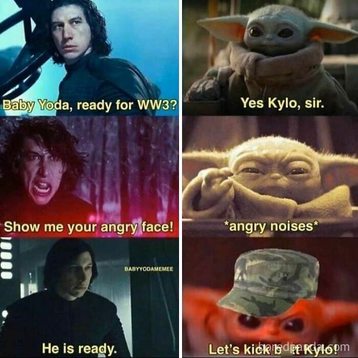 Cringe memes featuring Baby Yoda and Kylo Ren preparing for WW3