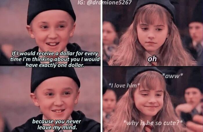 Draco Malfoy and Hermione Granger cringe memes with Harry Potter pickup lines