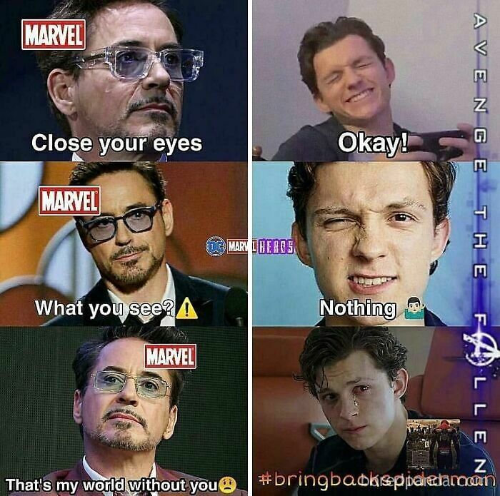 Cringe memes showing a conversation between Robert Downey Jr. and Tom Holland.