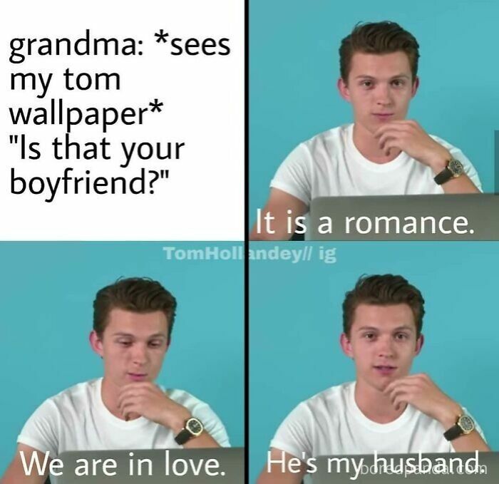 A four-panel Tom Holland meme demonstrating cringe memes fandoms frequently make