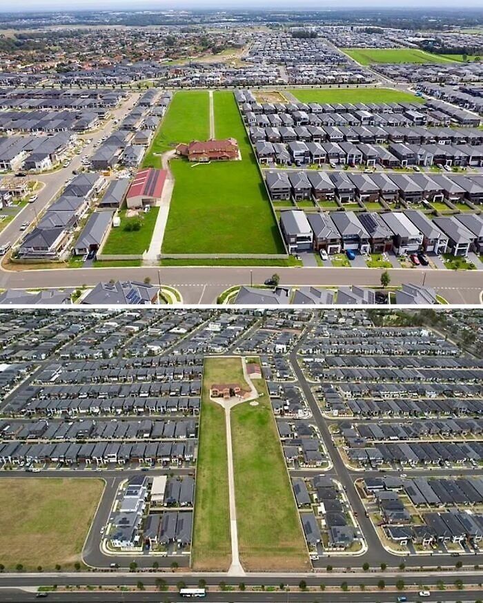 An entertaining aerial view of a single green property within a suburb
