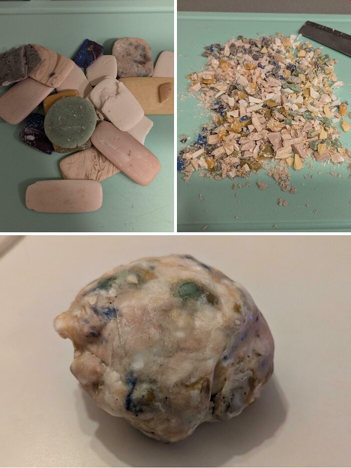 Unusual DIY projects showing steps of crushing leftover soap scraps to form a single soap ball