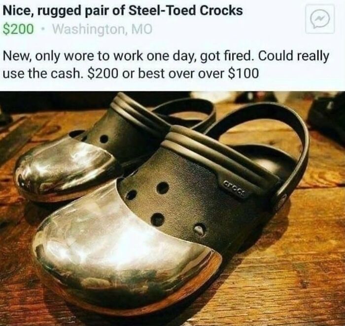 Funny DIY projects featuring custom steel-toed black Crocs with shiny metal fronts