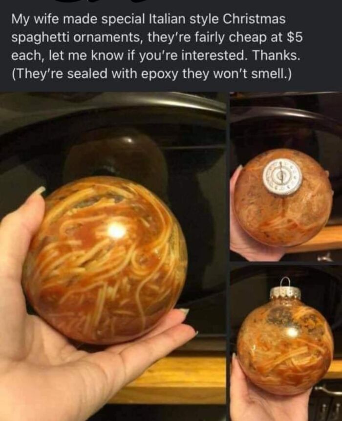 Homemade Christmas ornaments filled with spaghetti in sauce as a unique DIY project idea