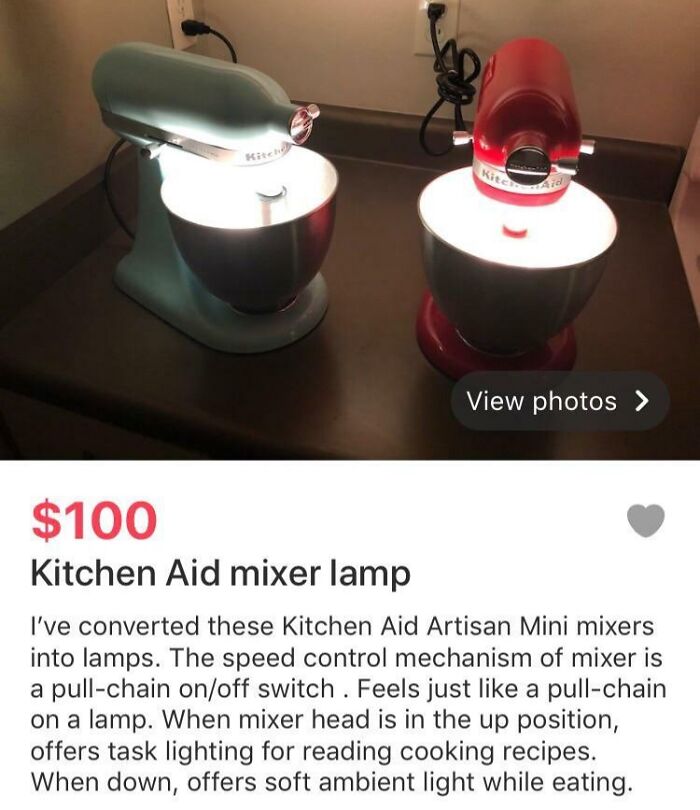 Kitchen Aid mixer converted into a lamp with bright light shining into the bowl.