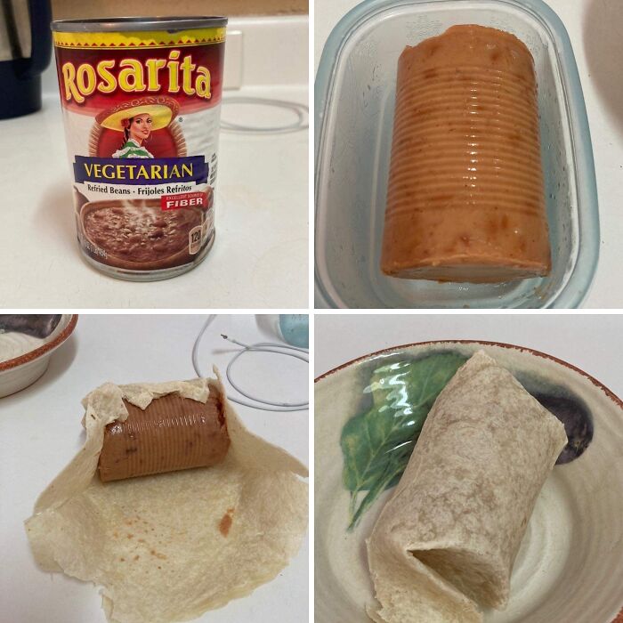 Creative DIY projects showing step-by-step process of making a burrito using canned refried beans