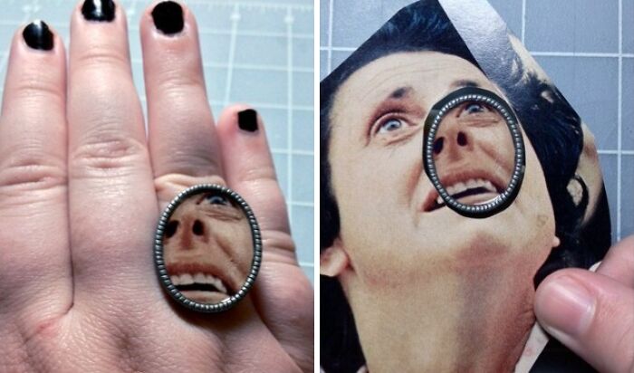 Unique jewelry DIY projects showing a handmade ring featuring a cutout face of a screaming woman