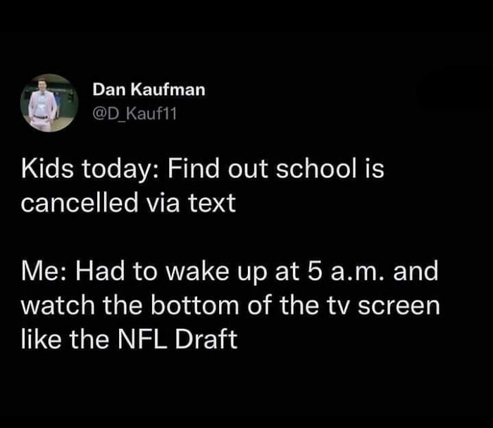 Relatable tweet about waiting for school snow day announcements, a core memory among nostalgic images