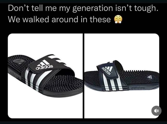 Nostalgic image of spiked Adidas massage slides worn by 90s kids