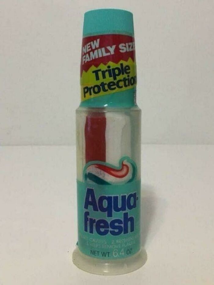 Nostalgic image of retro Aquafresh stand up toothpaste pump for 90s kids