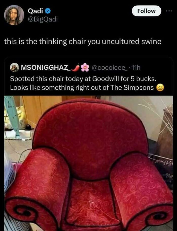 Meme featuring the red Thinking Chair, a nostalgic image for 90s kids