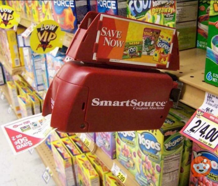 A red SmartSource coupon dispenser on a grocery shelf, one of many nostalgic images