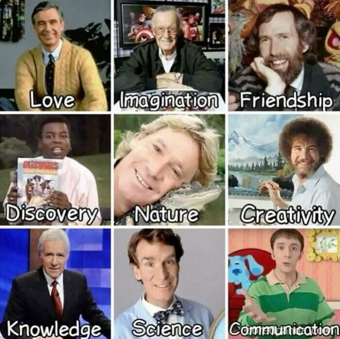 A collage of influential TV personalities representing nostalgic images for 90s kids