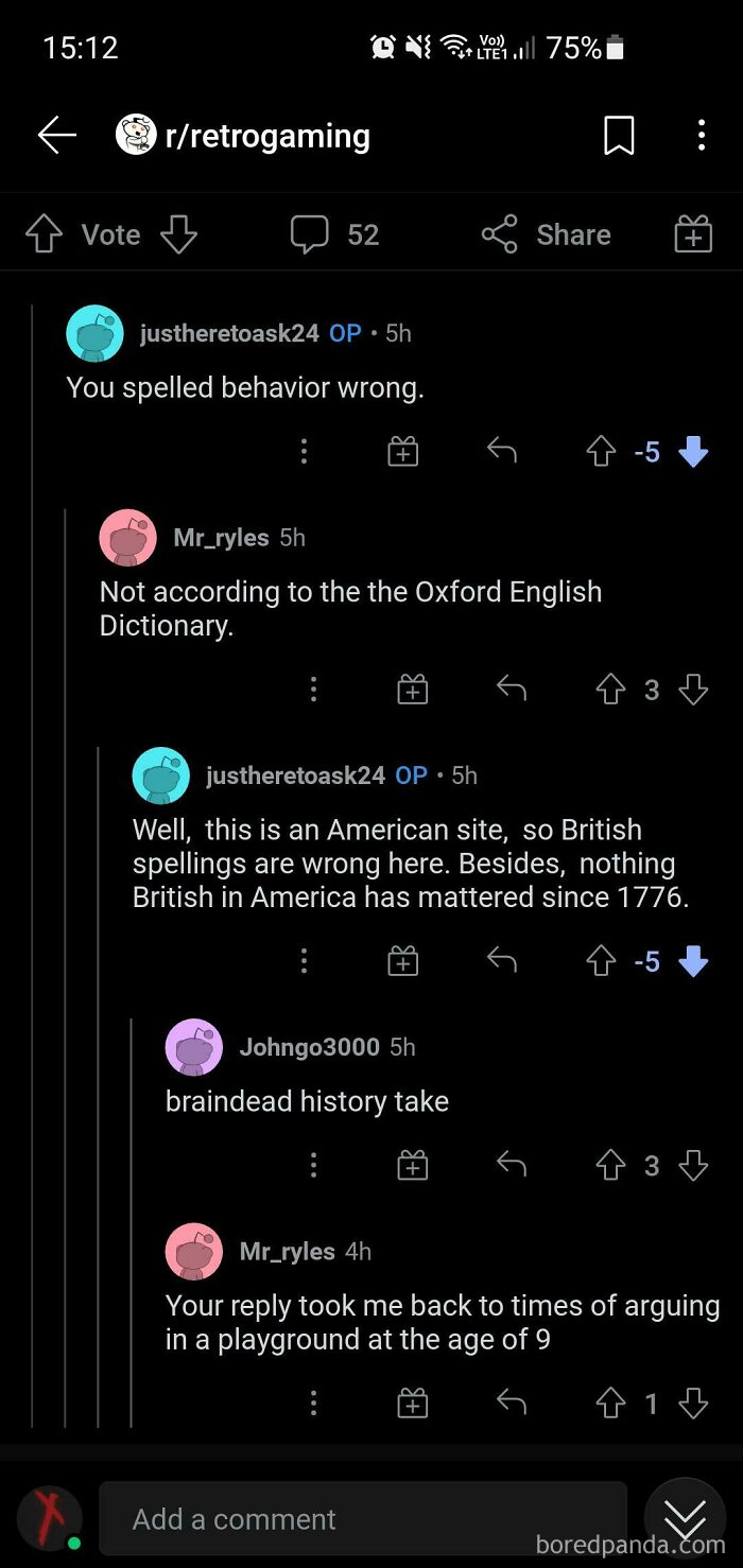 A Reddit comment thread with a cringey argument over British versus American spellings and history