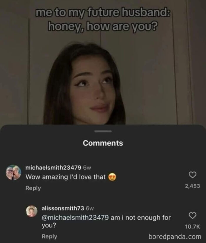 Social media comment section showing a cringe-worthy interaction between a couple.