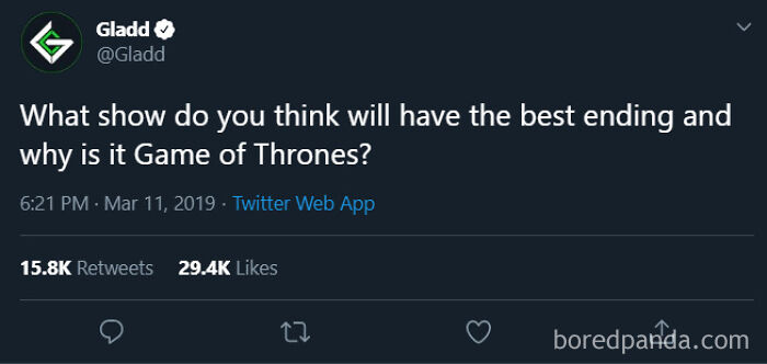 Tweet wondering about Game of Thrones ending, showing ultimate cringe pics.