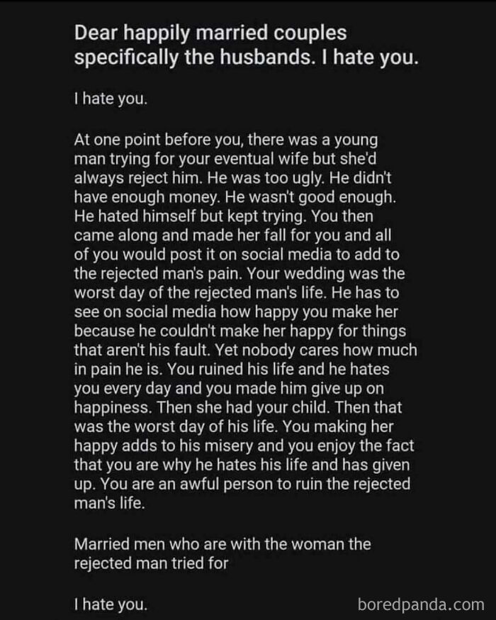 Rant post from a rejected man, showcasing typical cringe pics online.