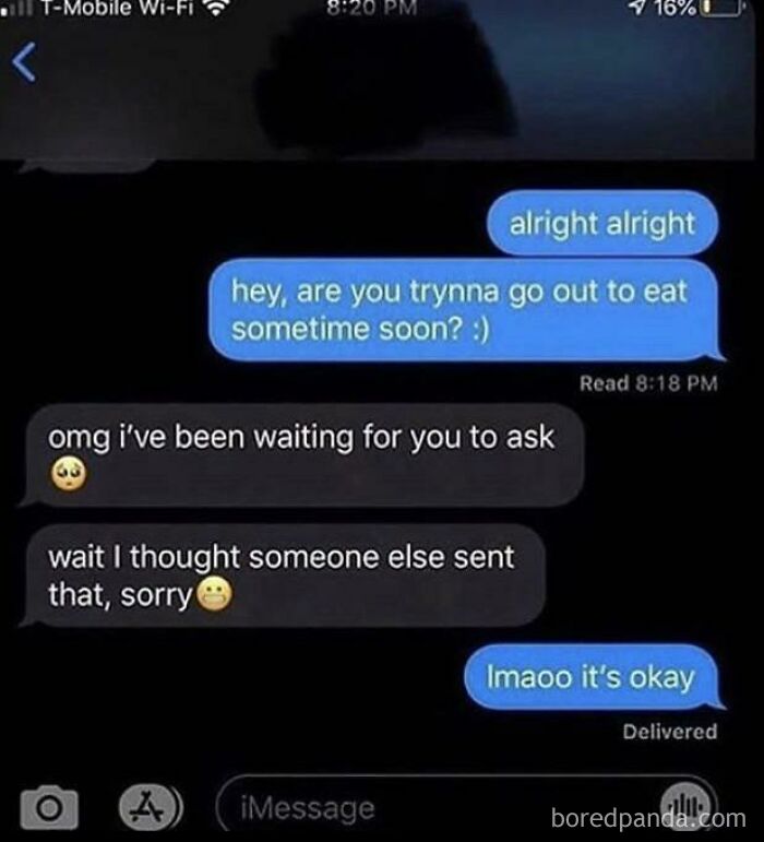 A text conversation showing the cringe rejection of someone asking another out on a date