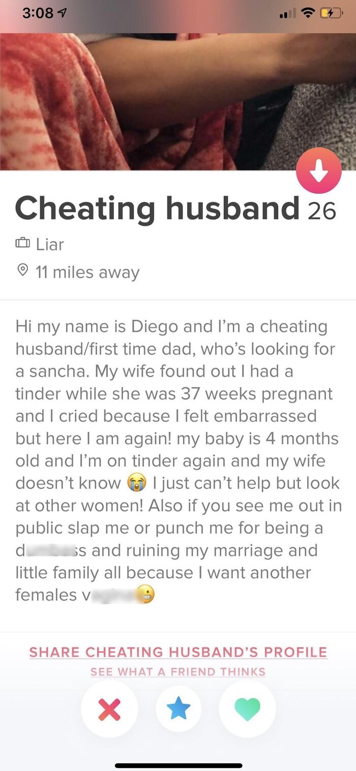 A screenshot of a cringey Tinder profile of a cheating husband, showing a confession about his wife.
