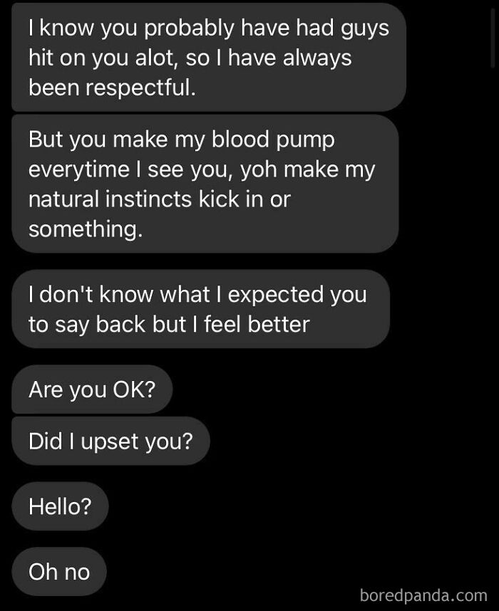 A cringey chat conversation showing a sender oversharing natural instincts and getting ignored