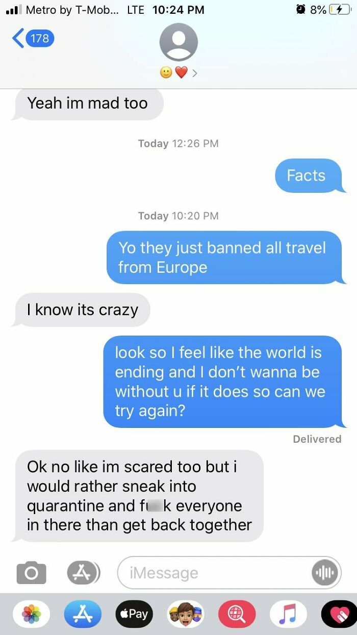 A screenshot of a cringe text conversation during quarantine where a person gets a harsh rejection