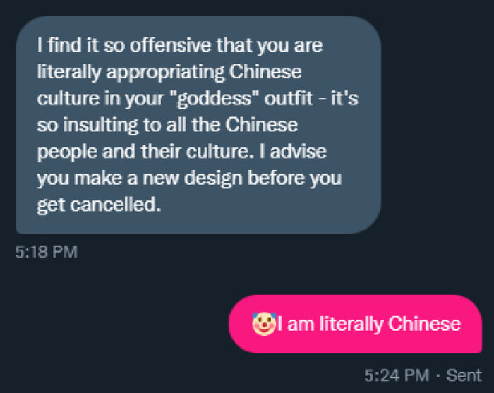 A text message interaction where someone falsely accuses a Chinese person of cultural appropriation