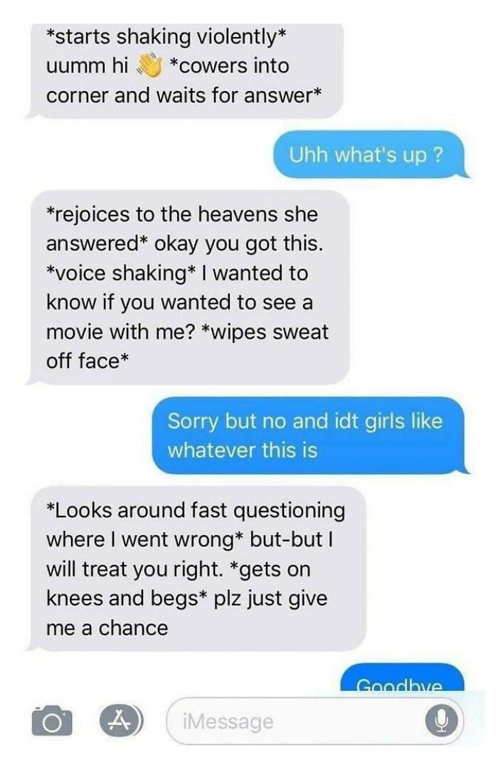 A cringe text message conversation showing an awkward roleplay attempt to ask someone out on a date
