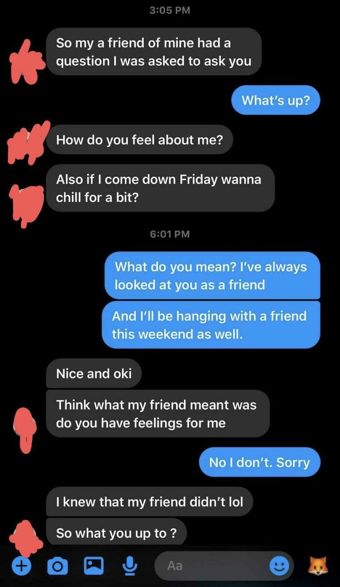 Cringe-worthy text messages showing an awkward friend-zone conversation on mobile chat