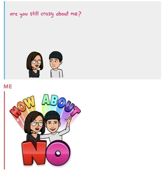 A cringe chat message interaction showing a direct refusal using a bitmoji sticker.