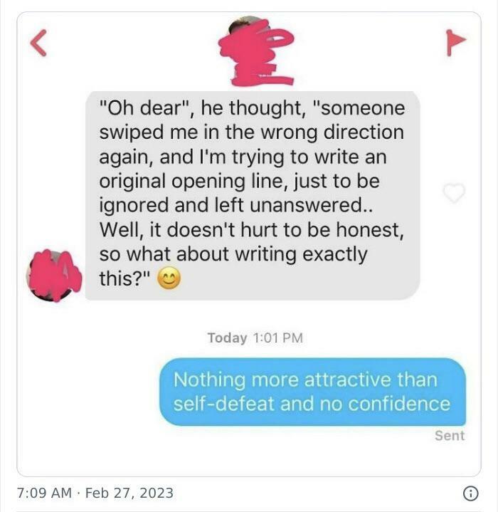 An awkward Tinder exchange showing self-defeat and no confidence that is pure cringe.