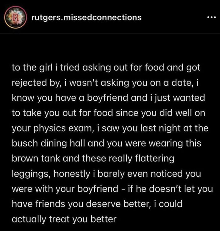 A cringe social media post from a missed connections page trying to justify an unsolicited approach.