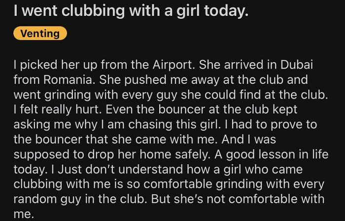 A cringe social media vent about a disappointing night clubbing with a girl.