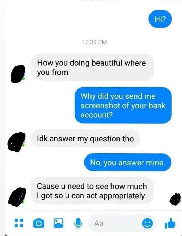 A cringe text exchange where a user tries to impress another with a bank account screenshot.