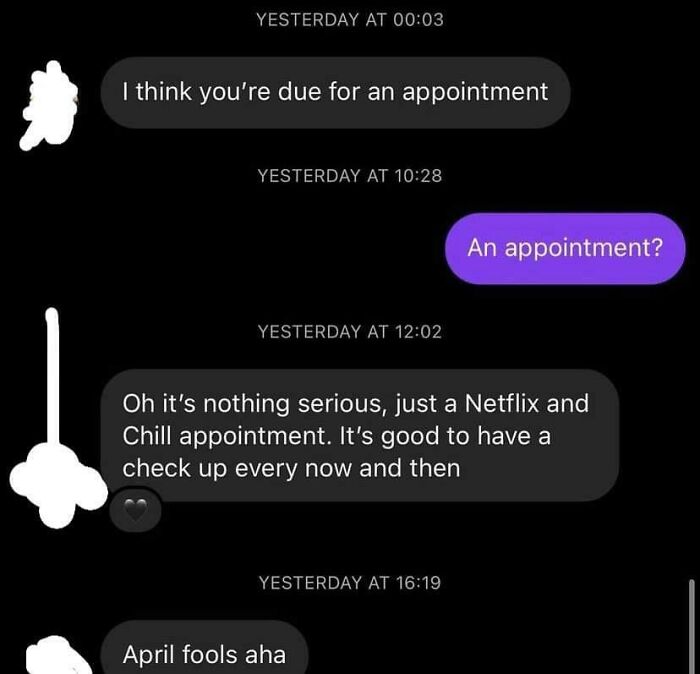 An awkward text interaction showing a cringe attempt at a Netflix and Chill invitation masked as an April fools joke.