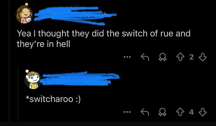 Cringe social media comment thread where a user mistakenly writes switch of rue instead of switcharoo.