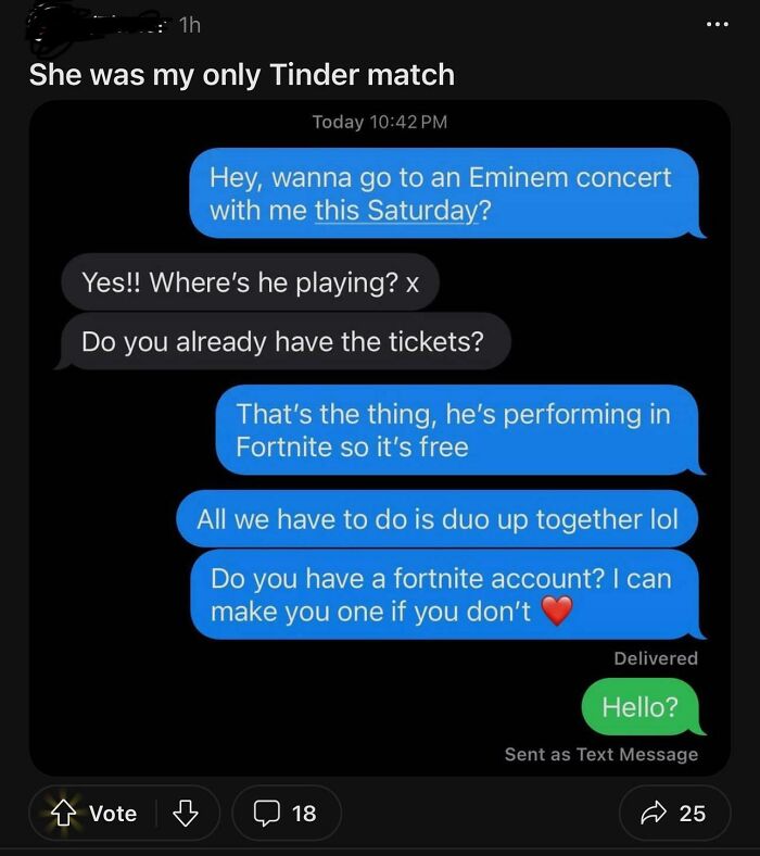 Cringe screenshot of a Tinder match offering a virtual Fortnite concert instead of real-life Eminem tickets.