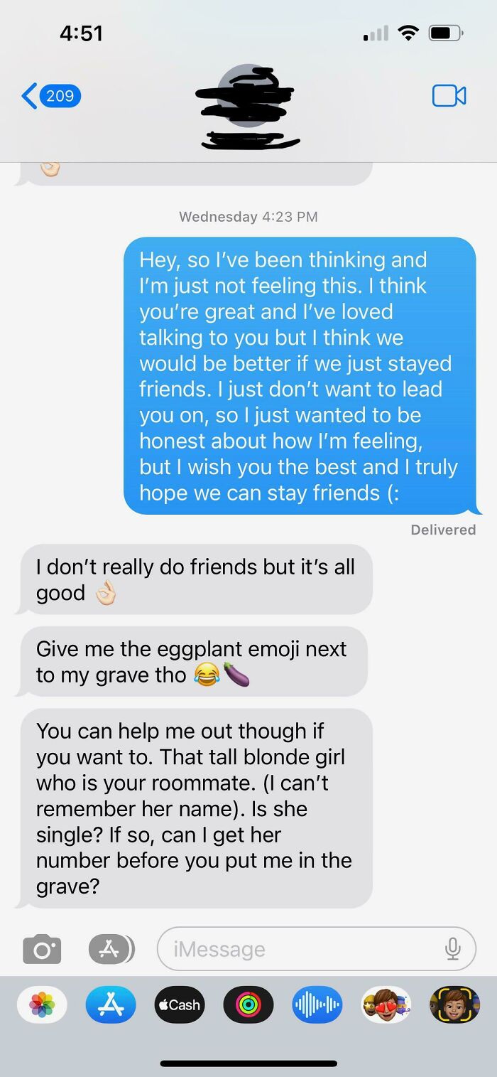 A cringe text message conversation where a person asks for their ex-partner roommate number after being dumped.