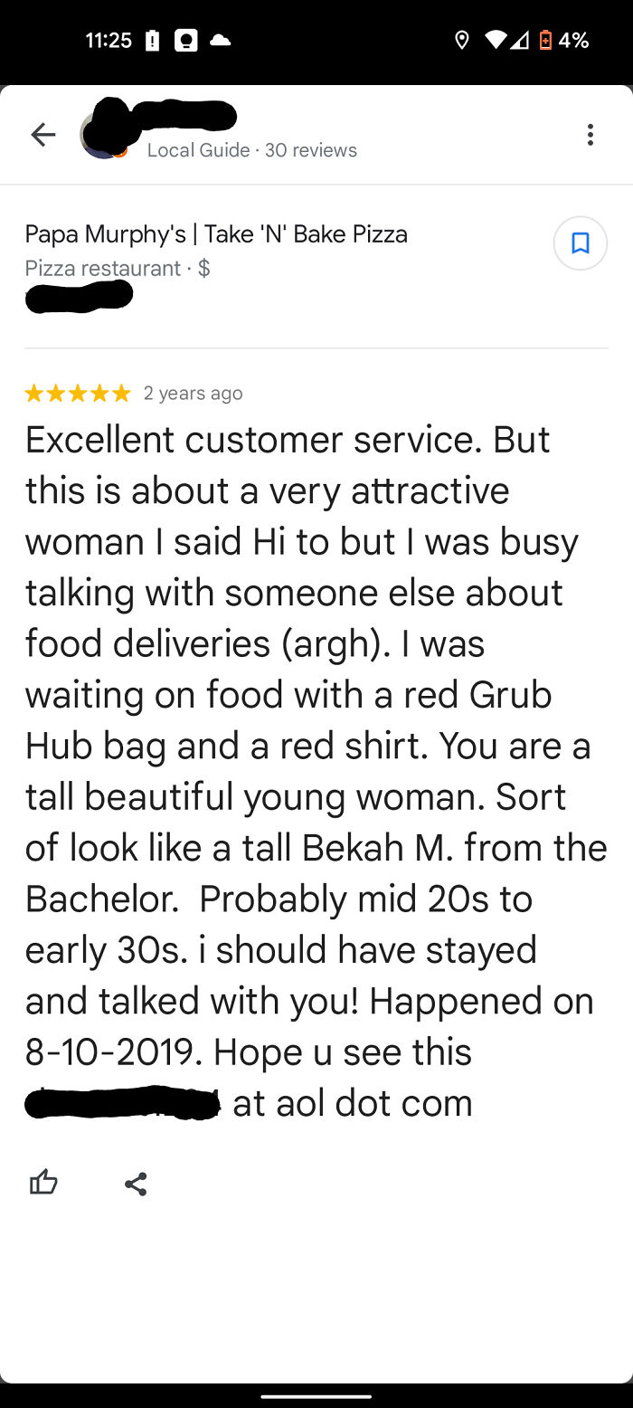A cringe online review left for a pizza restaurant in hopes of finding a beautiful young woman