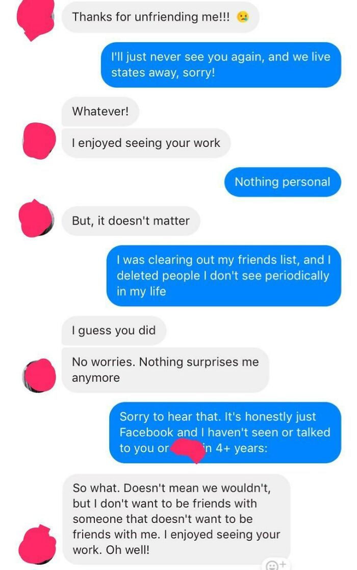 A cringe text exchange where someone gets upset about being unfriended on Facebook